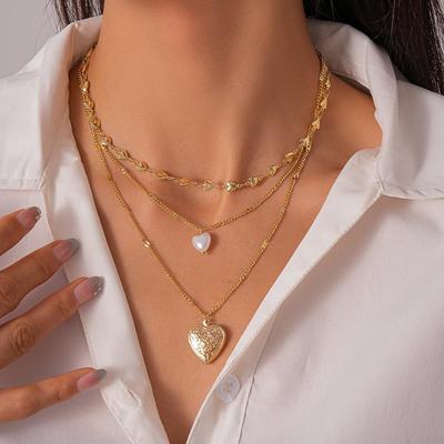 European-American Retro Pearl Heart Three-Layer Necklace