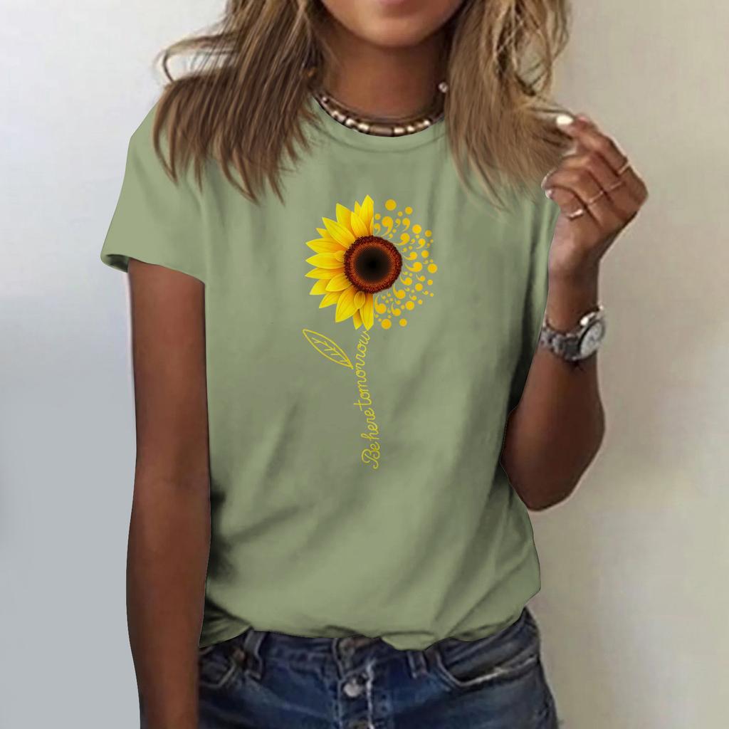 Sunflower Ladies Cute Print Short Sleeve Round Neck Front Shoulder Vintage Short Sleeve Summer Loose Shirt Top