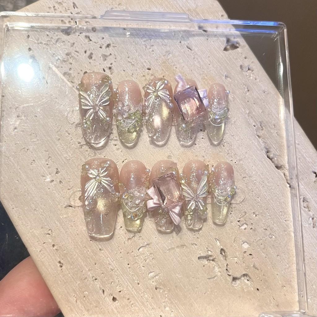[5in1 Toolkit+HANDMADE]Handmade Press On Nail Sparkling Dopamine Clear Cat Eye 3D Diamond Bow Flowers Luxury Fake Nail Patch Artificial Nail Reusable