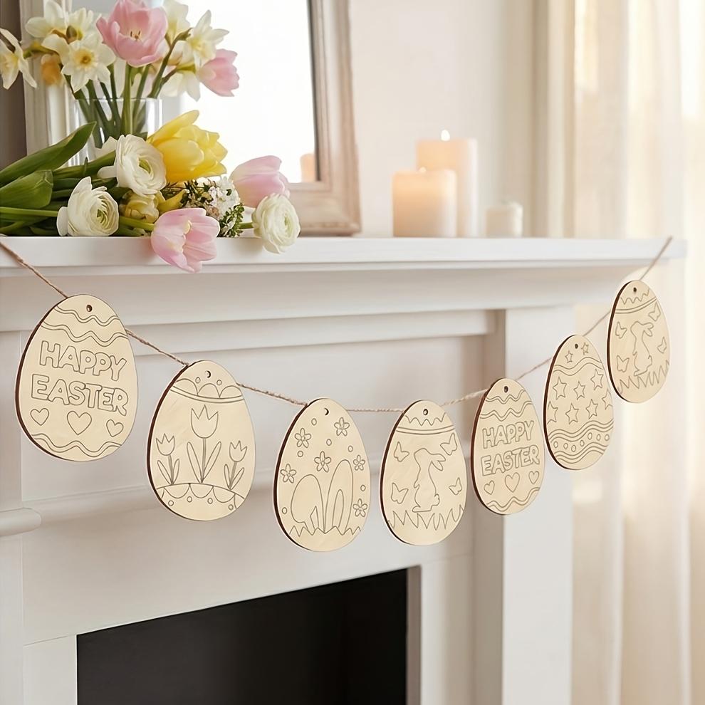 40Pcs Easter Wooden Egg Ornaments, Assorted Blank Wood Slices with Ropes, DIY Crafts Pendant for Spring Home Holiday Party Decor