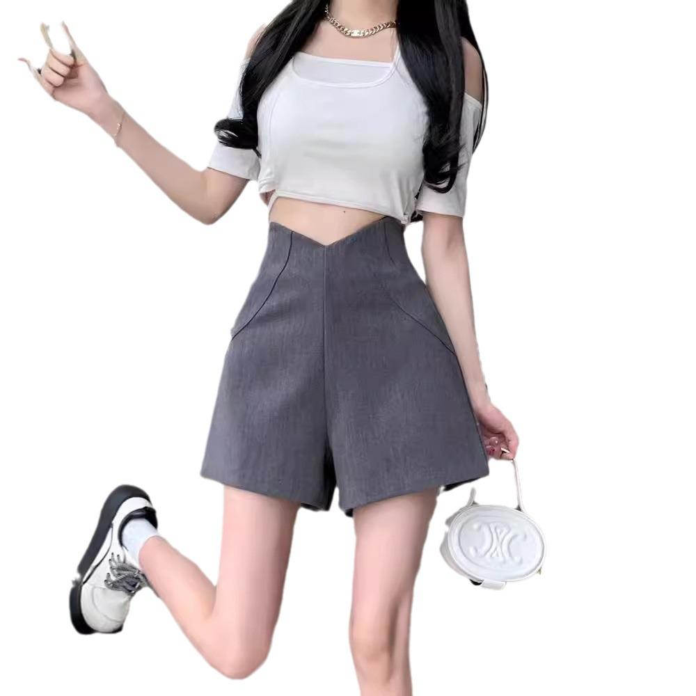 Women's Gray High-Waisted A-line Wide-Leg Suit Shorts - Slimming & Versatile for Summer 2024