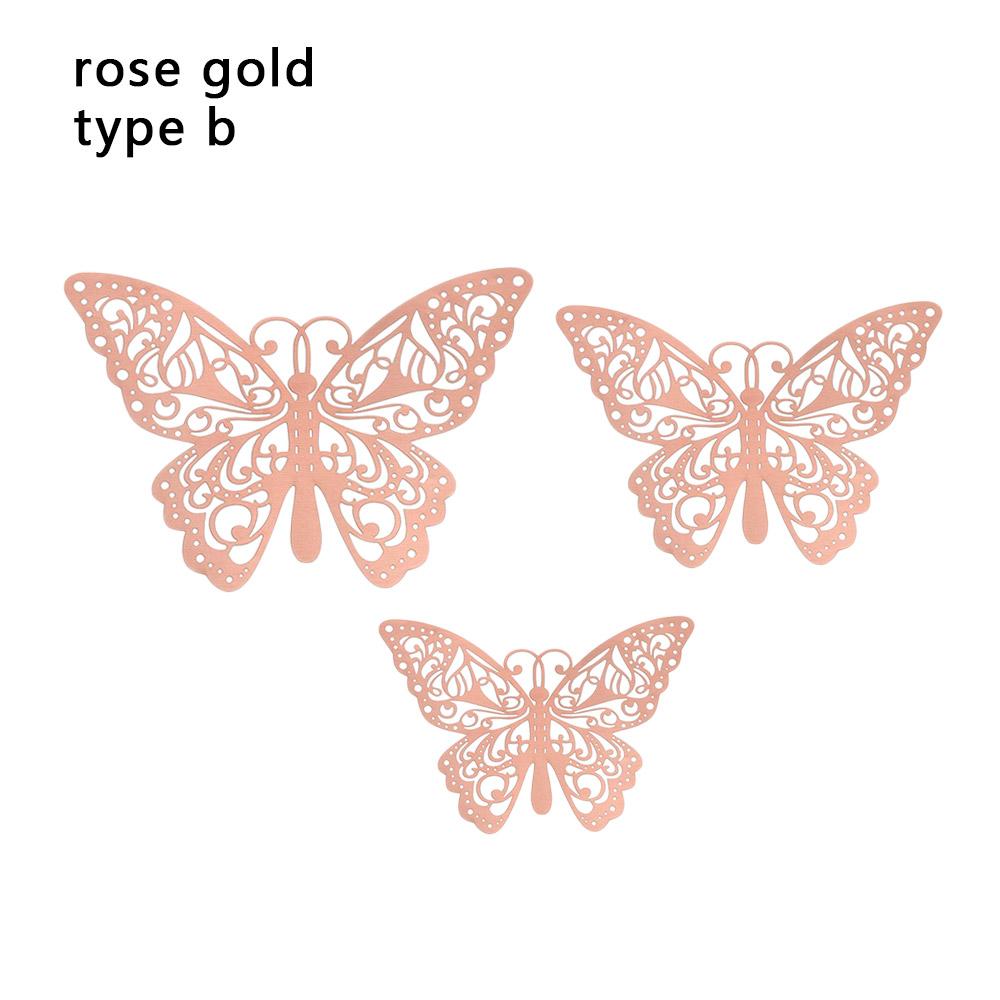 12Pcs/Pack 3D Hollow Out Butterfly Stickers Gold/Silver/Rosegold Mirror Decals Metal Texture Wall Art Wedding Party Supplies