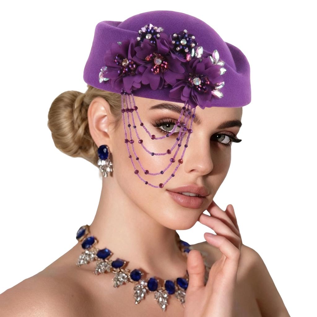 Retro British Hat for Women 3D Floral Rhinestone Decorated Beret Cap Cosplay Costume Accessories