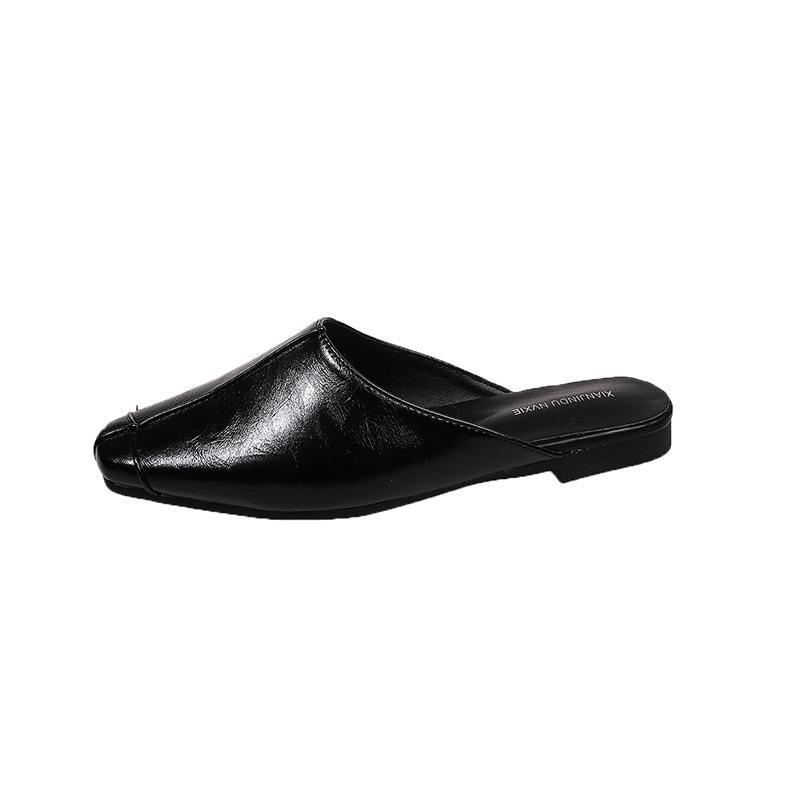 One-pedal slippers retro bag head shoes women's versatile black square head half slippers outside lazy sandals women