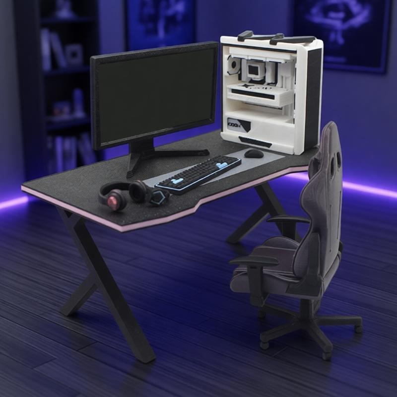 Detailed 1/12 Miniatur Gaming Furniture Set Desk Chair Computer Accessory for Doll House Scene Display and Toy Collection