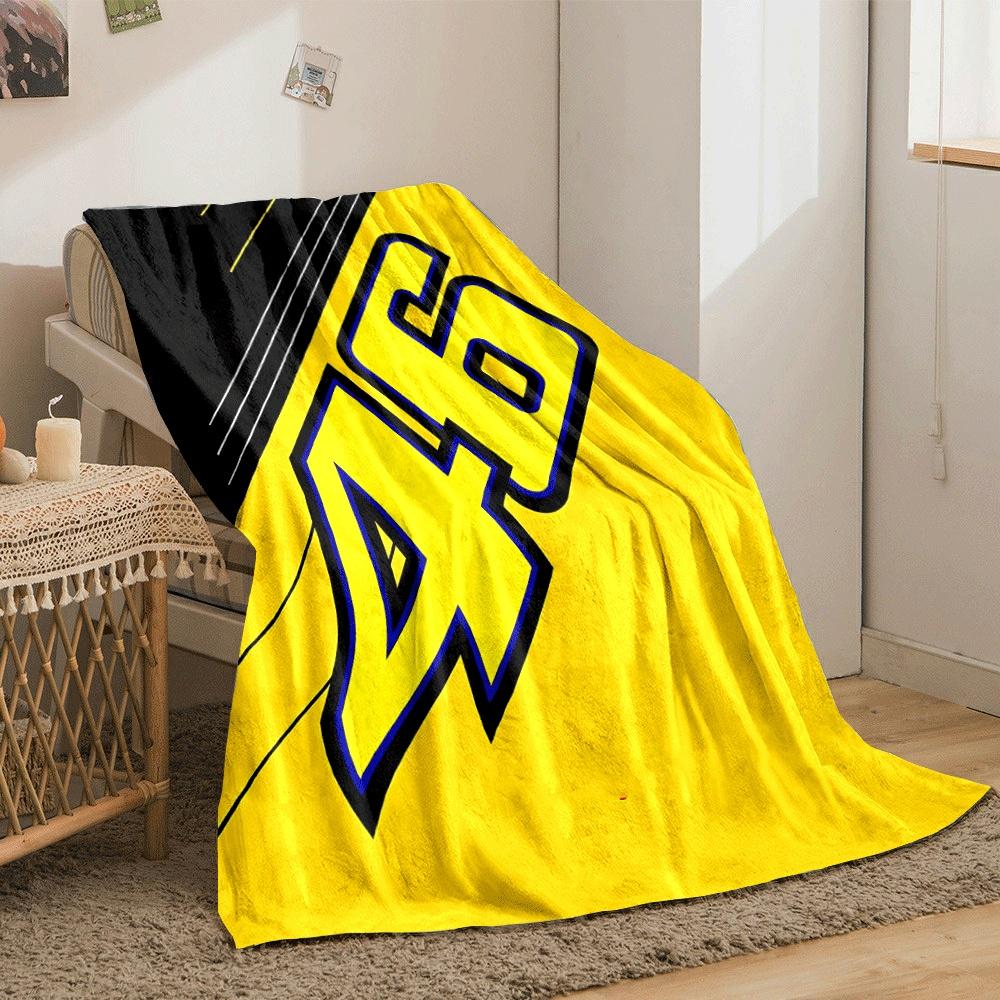 Large yellow number "46" outlined in blue on a yellow-black striped background. for all seasons blanket lunch break throw gift