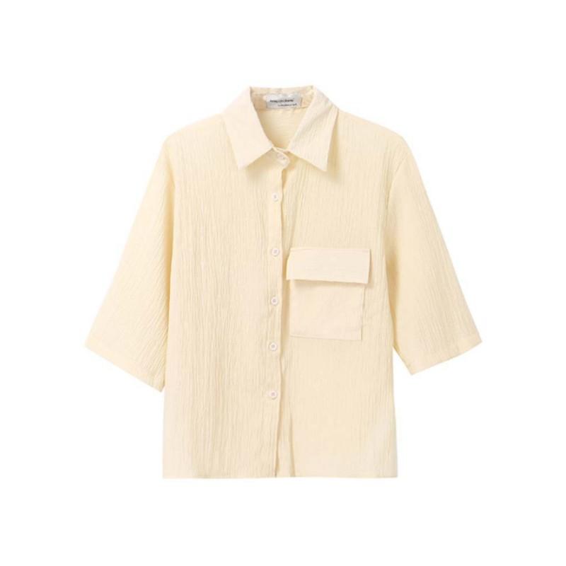 Women's Summer Design Pleated Seven Sleeve Shirt Slouchy Style Loose Vintage Tops