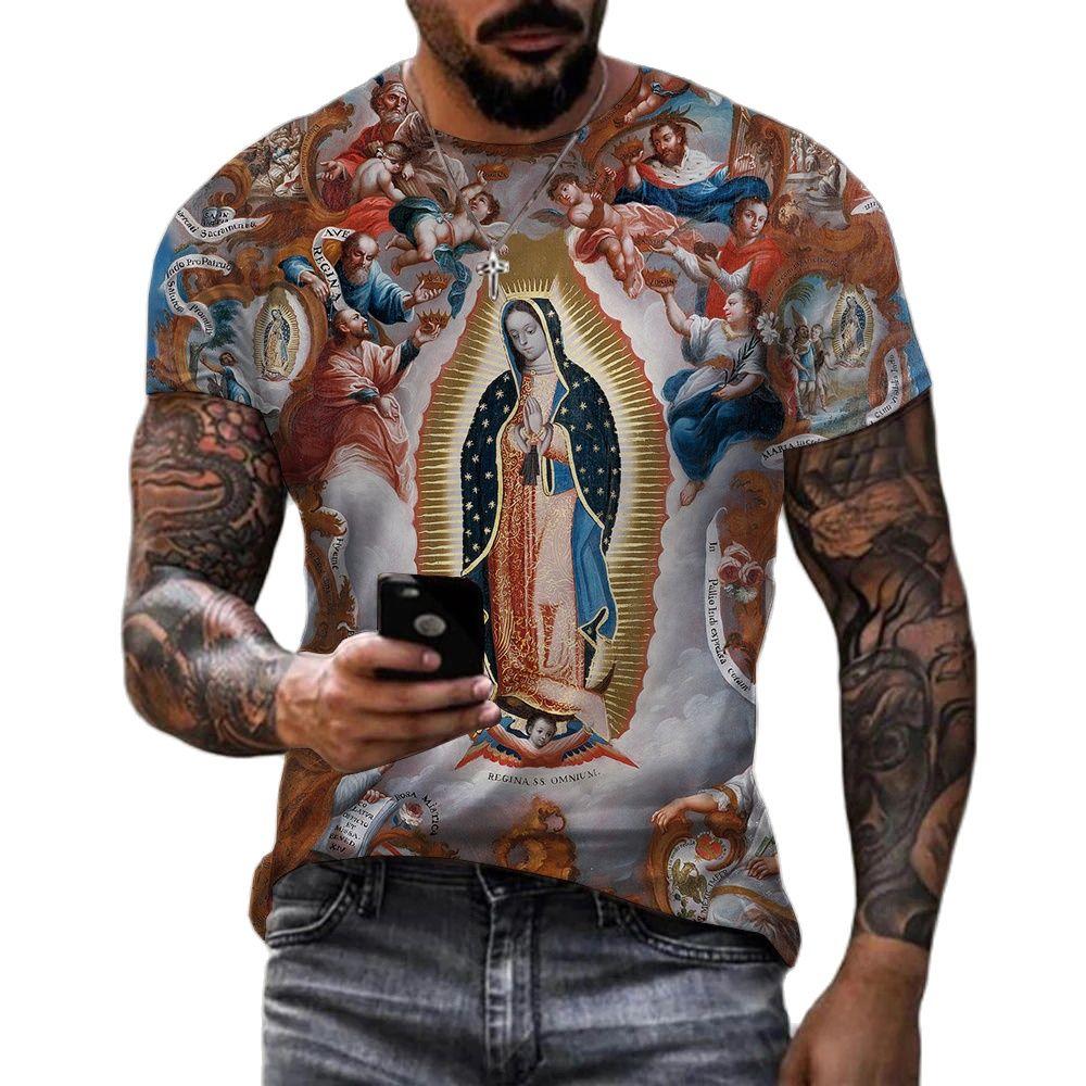 Summer Round Neck 3D Guadalupe Virgin Mary Catholic Print Top Fashionable Casual Short Sleeved Men's T-shirts