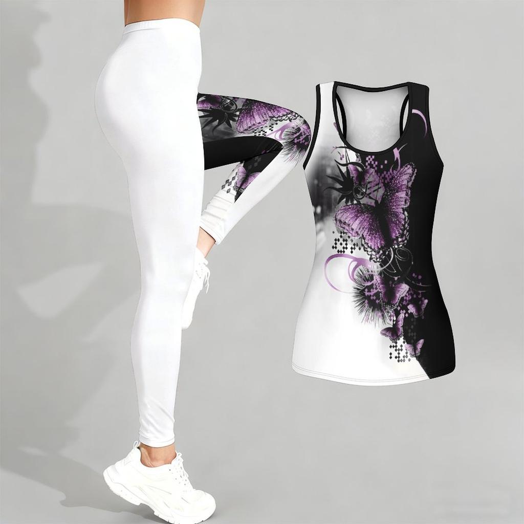 Schmetterlings-Print Yoga-Outfit für Damen Mode Trainings-Leggings Fitness Sport Lässiges Yoga-Set Sportanzug