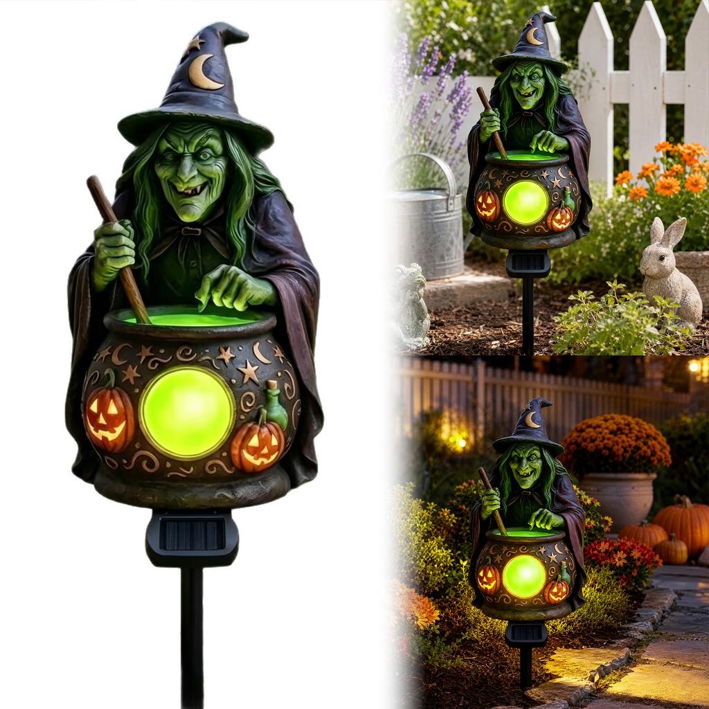Halloween Yard Solar Stake Light Witch Cauldron Pumpkin Resin Garden Lantern Dusk to Dawn Auto On Off Path Decor