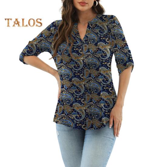 Women Shirt V-neck 3/4 Roll-Up Sleeves Lightweight Tops Flower Print Flowy Hem Tunic Tops Daily Wear