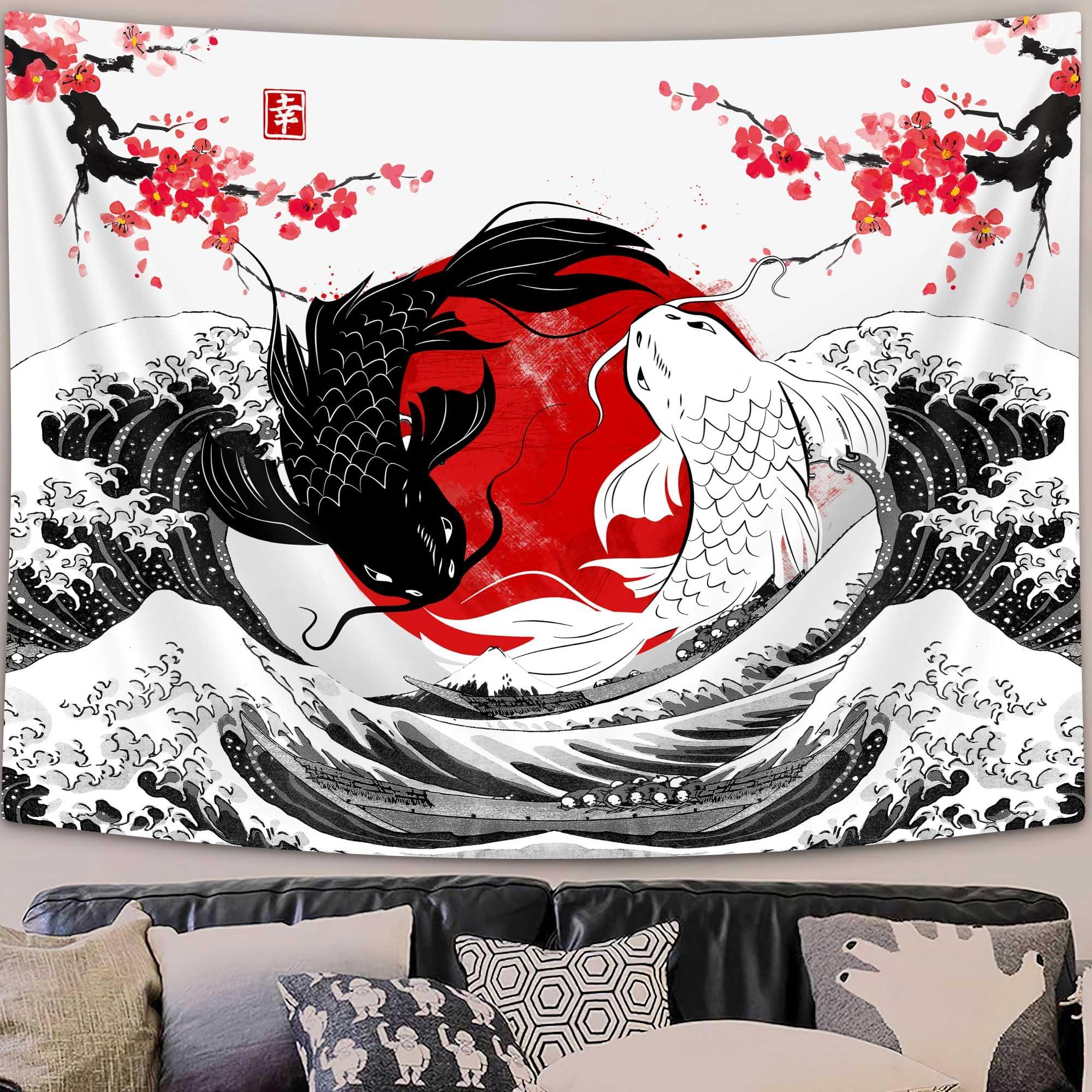 

VIKAMA YinYang Koi Ukiyoe Tapestry Red and Black Tai Chi Living Room and Bedroom Wall Hanging Dormitory and Guesthouse Decor 74x94cm(29x37in)