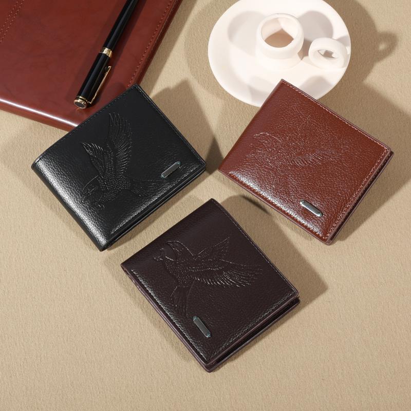 Eagle-Embossed Black PU Leather Men's Wallet: Waterproof & Scratch-Resistant with Plaid Detail, Large Capacity & Multiple Card S