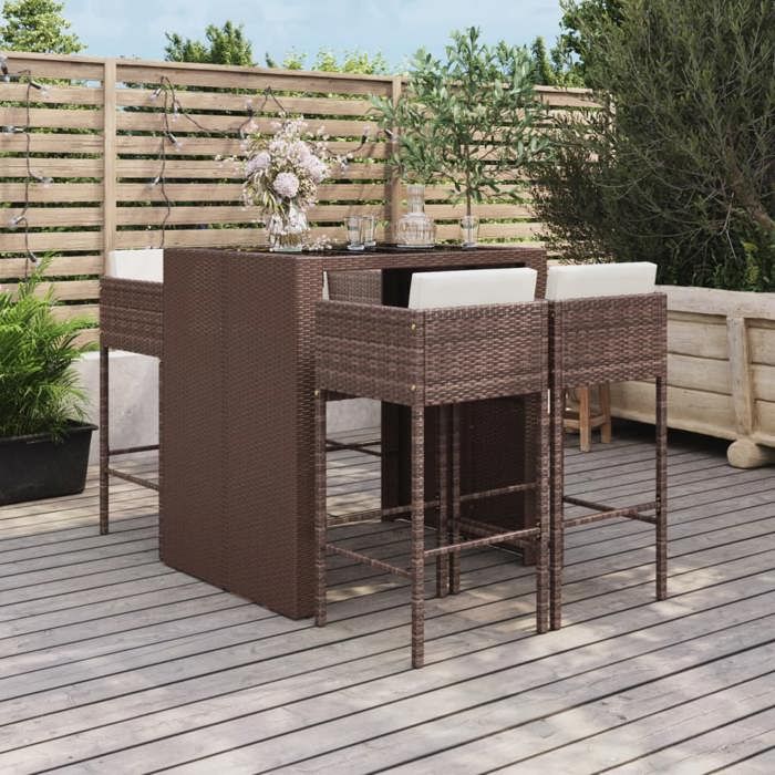 VidaXL Ensemble de bar de jardin avec coussins 5 pcs marron poly rotin, ensemble de table de bar, table et chaise de bar, 3200669
