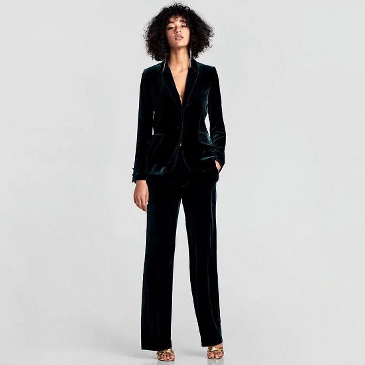 Autumn/Winter Dark Green Velvet One-Button Blazer for Women