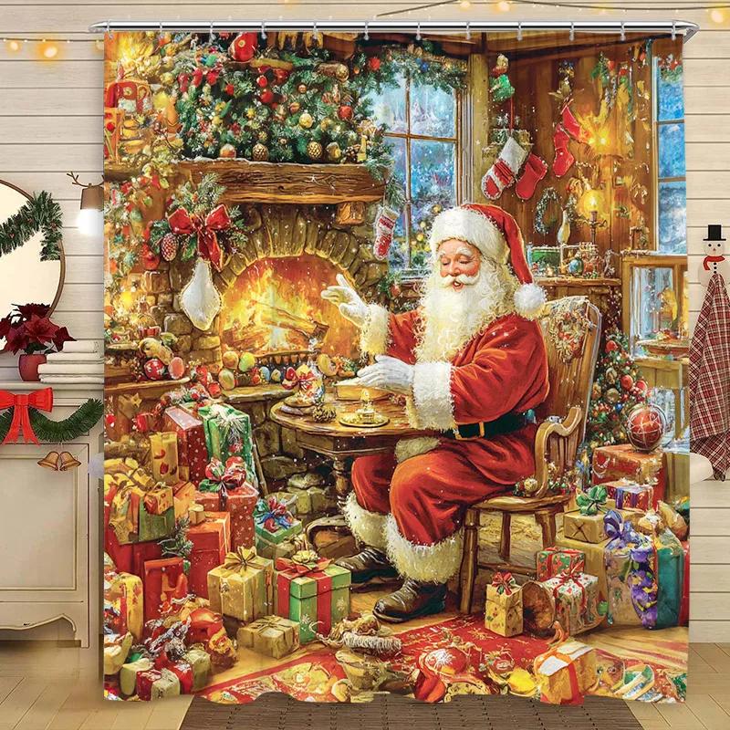 Christmas Shower Curtain Snowman Santa Claus Winter Snow Scene Christmas Gift Polyester Fabric Shower Curtains Bathroom Decor