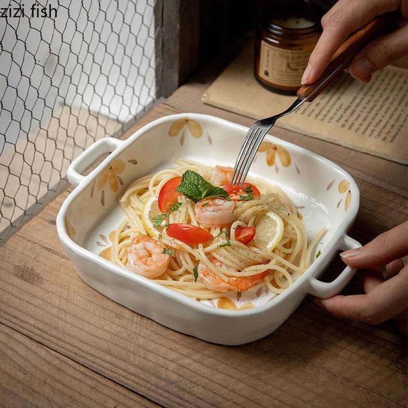 Hand Drawn Flower Ceramic Double Ear Plate Heat Resistant Barbecue Plate Snack Plate Salad Plates Hotel Creative Tableware
