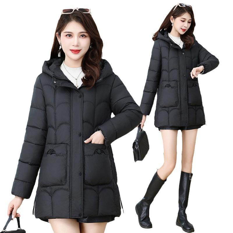 Fashion down cotton jacket women's mid-length winter 2025 hooded plus size slim padded jacket warm jacket