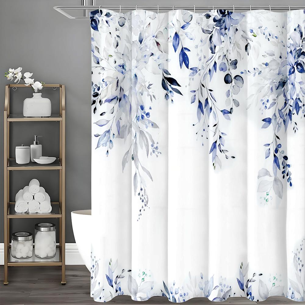 Eucalyptus Leaf Blue Shower Curtain, Bathroom Decorative Shower Curtain, Waterproof Shower Curtain with Hooks