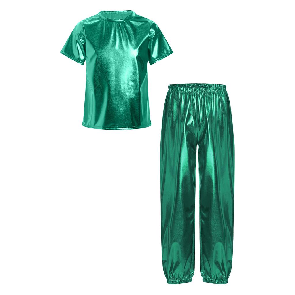 Unisex Kids Dance Costume Short Sleeve Round Neck Metallic Shiny T Shirt Performance Pants Set