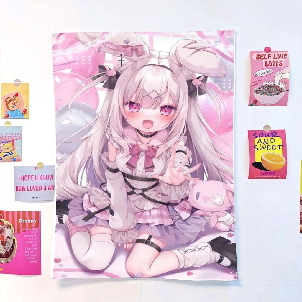 Pink BunnyEared Anime Girl Wall Tapestry Maid Outfit Dreamy Soft Aesthetic Cozy Room Decor for Kawaii Yume Kawaii Fans