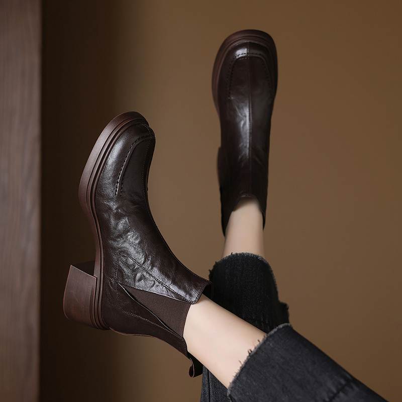 Krazing Pot Sheepskin Round Toe Thick Heels Chelsea Boots Size 42 High Quality Women Keep Warm Ankle Boots