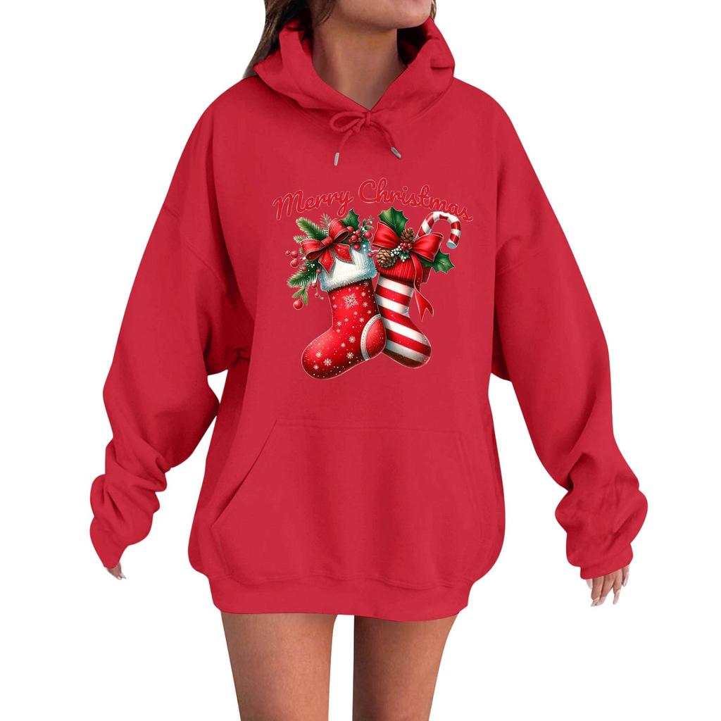 Women's Fashion Casual Long Sleeve Loose Christmas Print Hooded Sweatshirt