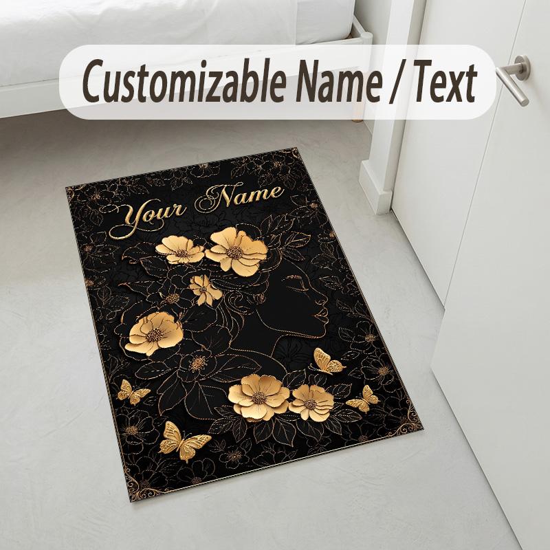 Golden Floral Elegance Theme Soft Crystal Velvet Rug Custom Name & Text Print Non Slip Floor Rug for Bedroom Living Room