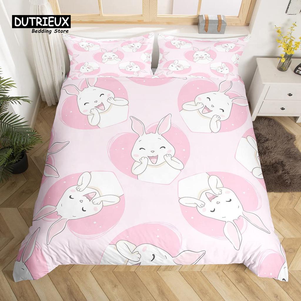 Cute Rabbit Duvet Cover Set Twin Queen Colorful Flower Bedding Set Microfiber Botanical Floral Cartoon Animal Comforter Cover
