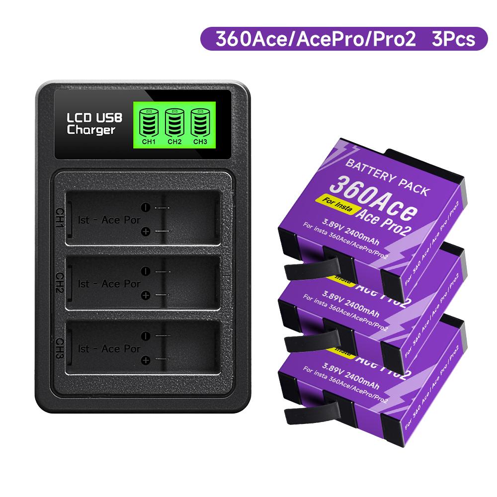 2400mAh High Capacity For Insta360 Ace Pro Ace Battery+3-Slot LED Fast Charger For Insta 360 Ace Pro 2 Action Camera Accessories