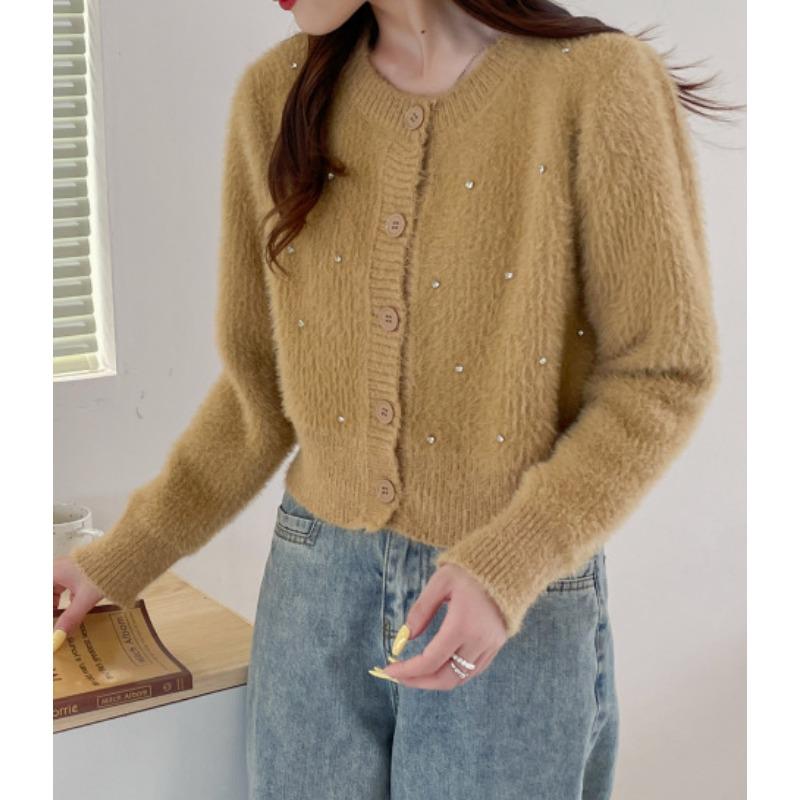 Heavy industry nails drill round neck long-sleeved sweater jacket women's autumn and winter new celebrity temperament high-end loose knitted cardigan