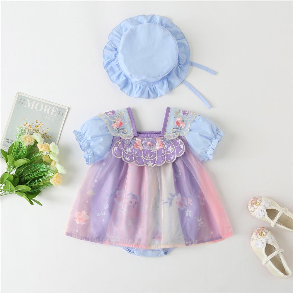 Baby Girl Hanfu Romper: Summer Onesie Thin Style Dress with Snap Crotch - Ancient Tang Princess Outfit for Crawling