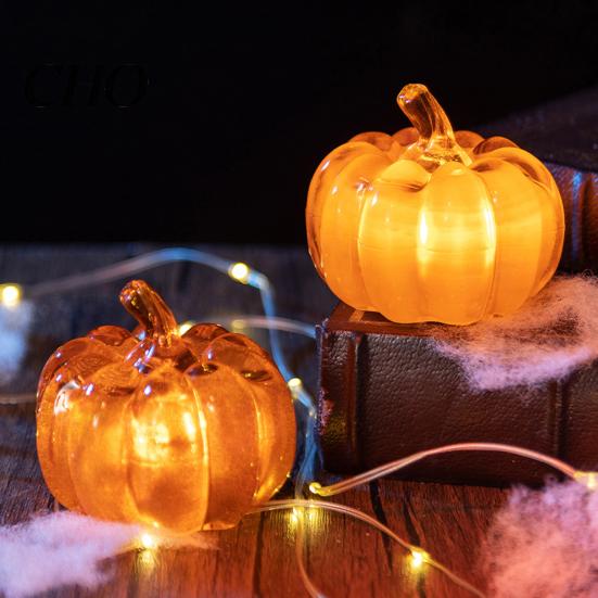 Autumn Table Decor 2Pcs LED Glass Pumpkin Set Starry Night Design Halloween Lamp Thanksgiving Lighted Lantern Indoor Fall Decoration Charming