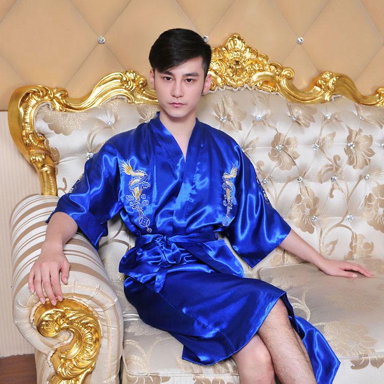Men's Embroidered Silk Dragon Robe - Chinese Style Long Bathrobe