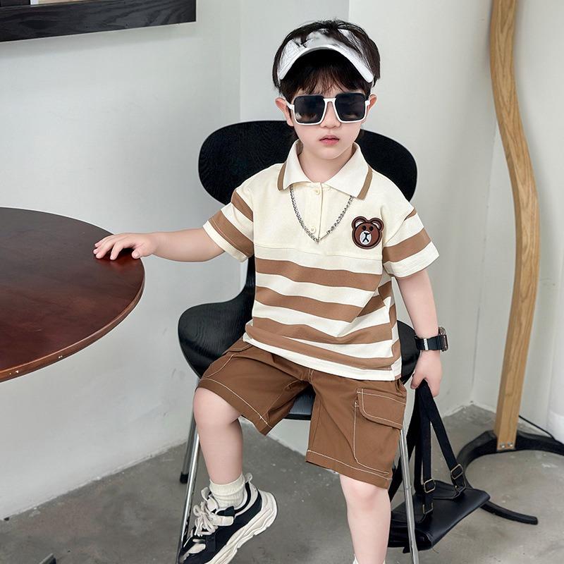 Turn Down Collars Boys Summer Outfits Striped Short Sleeve Cartoon T Shirt Pockets Shorts Fashion Golf Sport Clothes