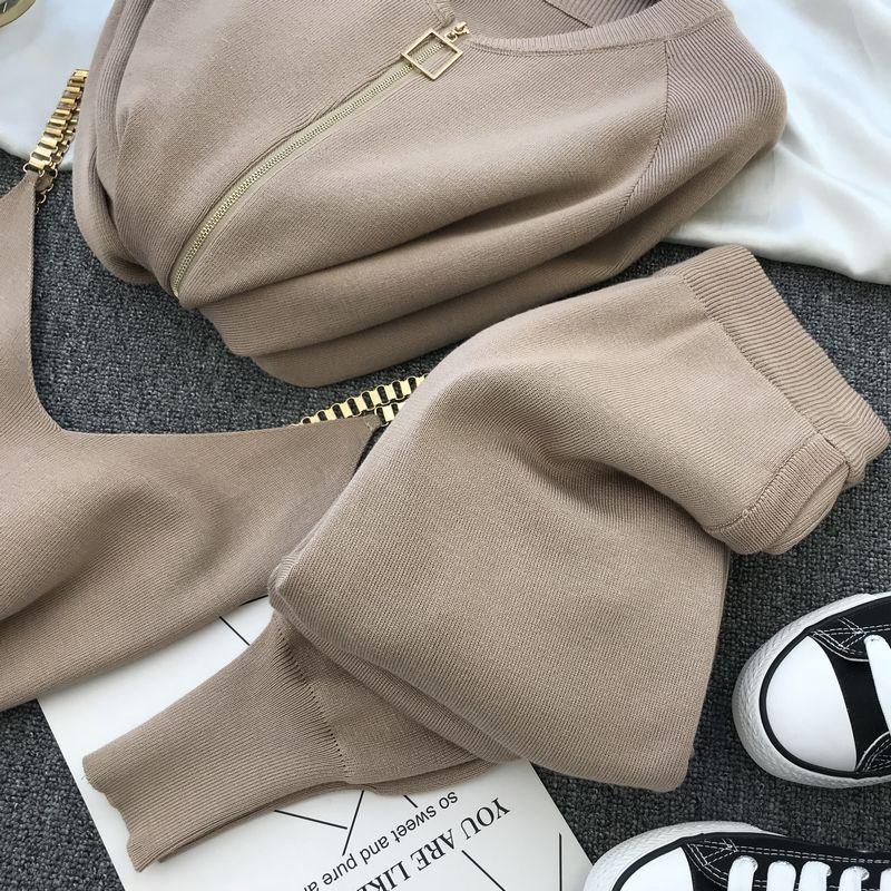 Herbst Winter Neuer Strickanzug Damenmode Lässiger Cardigan Weste Hose Dreiteiliges Set