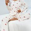 Womens Warm Fleece Pajama Set With Cherry Print Long Sleeve Round Neck Comfortable Sleepwear Winter