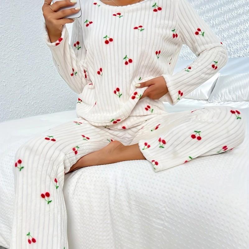 Womens Warm Fleece Pajama Set With Cherry Print Long Sleeve Round Neck Comfortable Sleepwear Winter