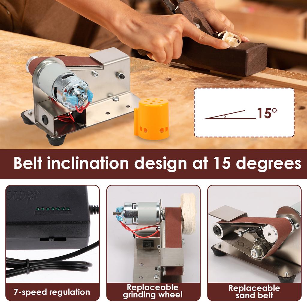 Mini Belt Sander US 15 Degree Stainless Steel Electric Belt Grinder 7 Adjustable Speed Electric Polishing Sanding Machine