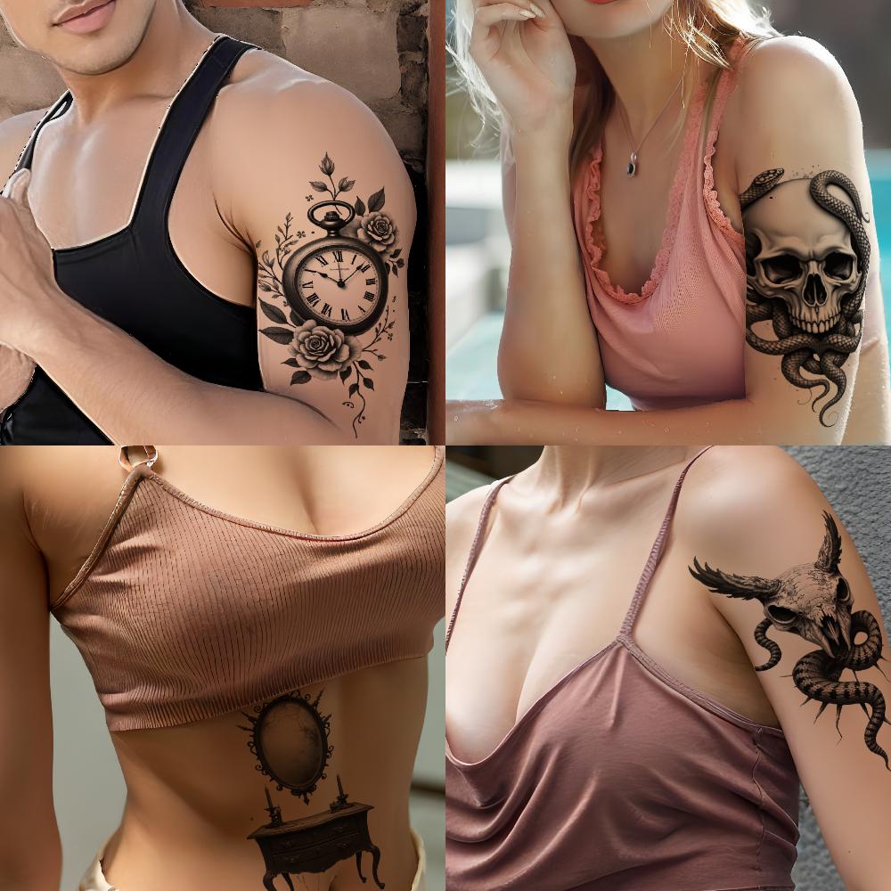 3pcs Temporary Tattoo Realistic Temporary Tattoos Skull And Flowers Skull With Snake Antique Mirror For Women Thighs Arms