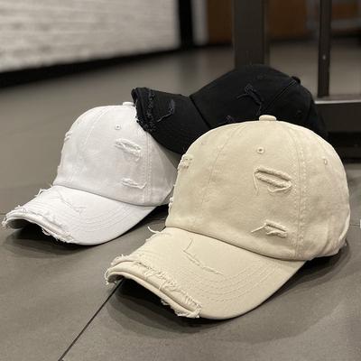 Korean-style Solid Color Distressed Ripped Baseball Cap for Women, Spring/summer Trendy Versatile Street Sun-shading Curved Brim Cap