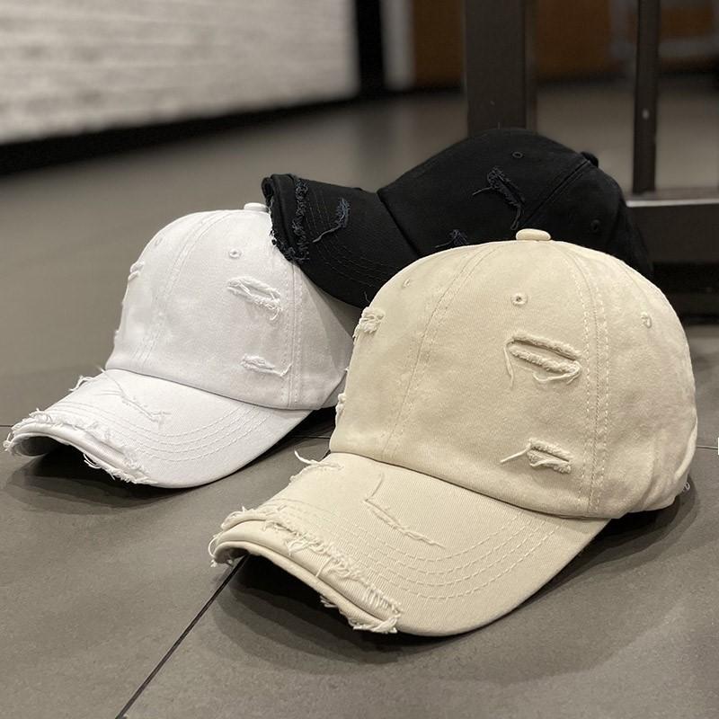 Korean-style Solid Color Distressed Ripped Baseball Cap for Women, Spring/summer Trendy Versatile Street Sun-shading Curved Brim Cap