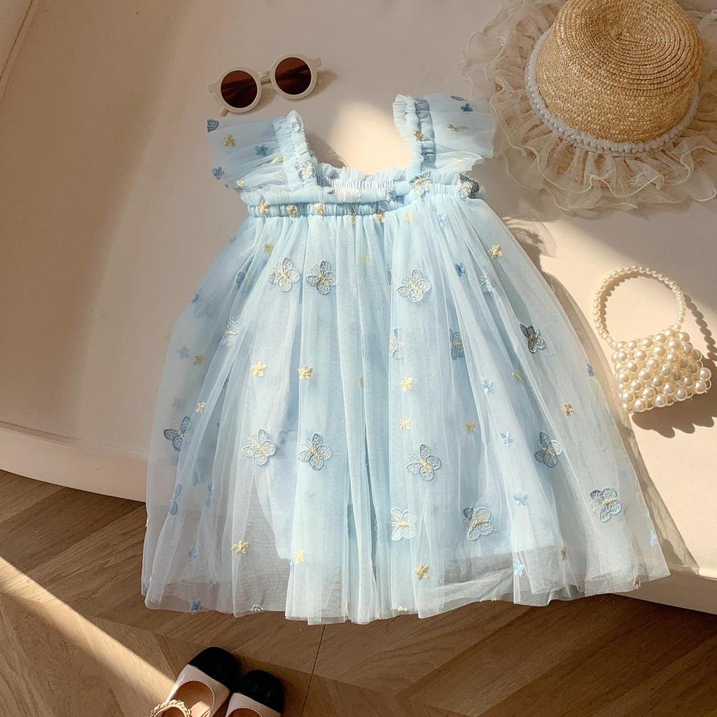 Butterfly Embroidered Mesh Dress: Summer 2025 Baby Girl Princess Puff Sleeve Skirt
