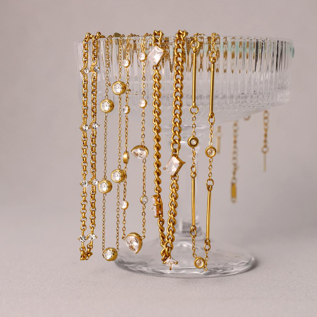 Uworld Classic Gold Color White Zircon Chain Necklace Women 18K Plated Stainless Steel Stackable Texture Necklaces Jewelry