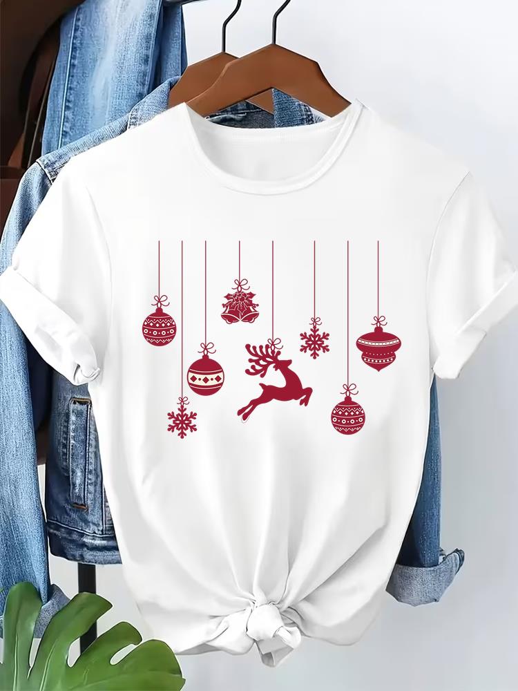 (Asian Size) letter style  Short Sleeve T-shirts  Merry Christmas Women's Top O-neck T Shirt Print  Fashion Casual New Year Clothing Graphic Tee