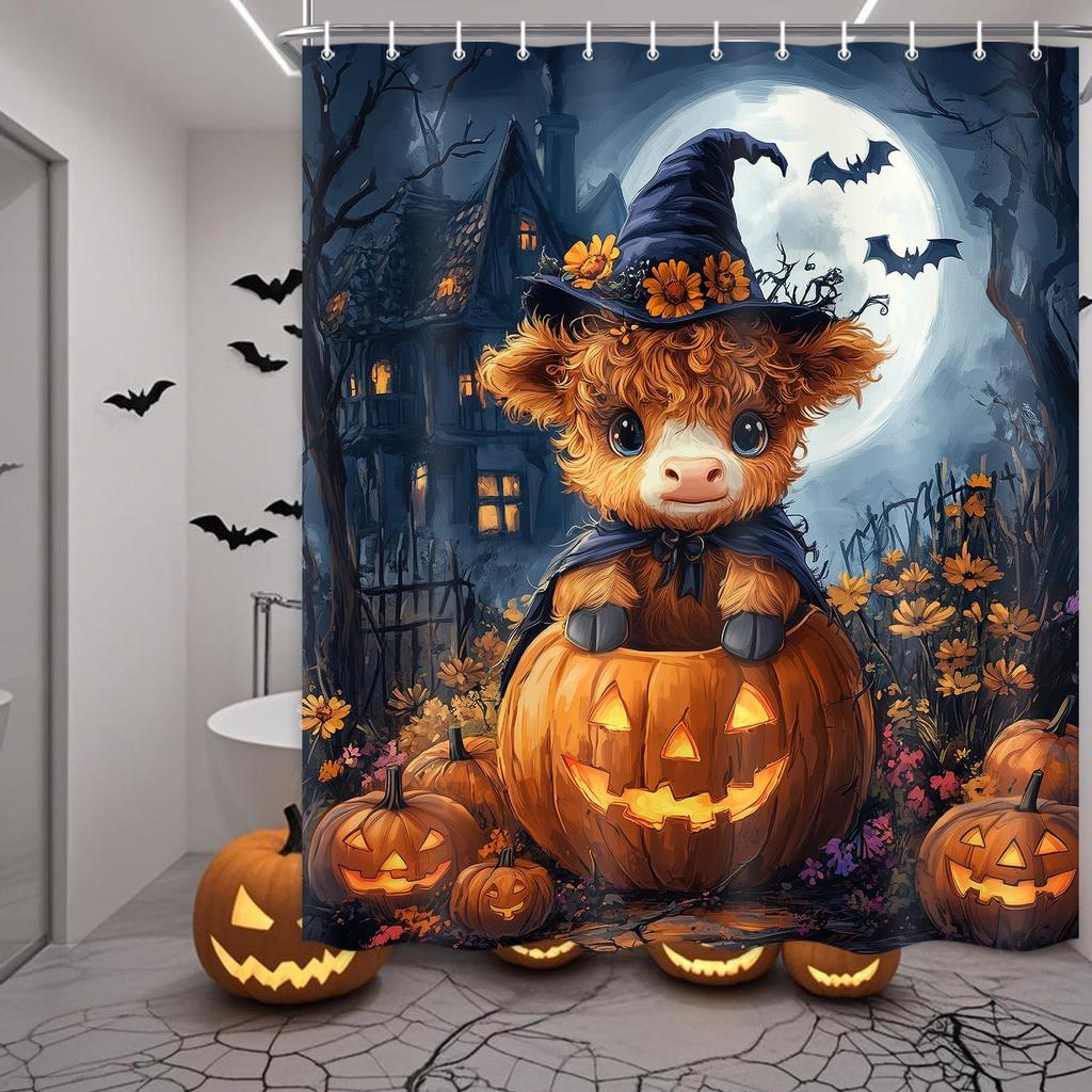 Halloween Shower Curtain, Black Cute Ghost Pumpkin Spooky Shower Curtain for Bathroom, Funny Halloween Holiday Cartoon Spooky