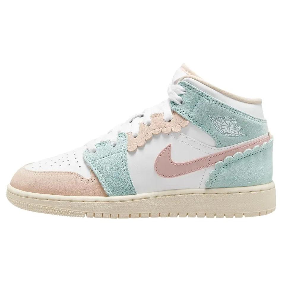 Buty sportowe Air Jordan 1 Mid SE GS z falowanym brzegiem dla dzieci zielono-biało-różowe Oxford DZ5361-100