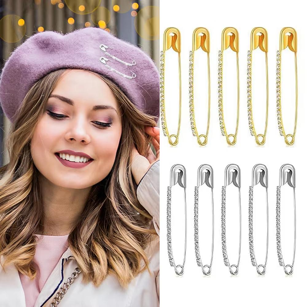 5Pcs Silver Rhinestone Safety Pins Sweater Shawl Clips Women Brooch Pins Jewelry Making Supplies For Clothes Hats Shawl