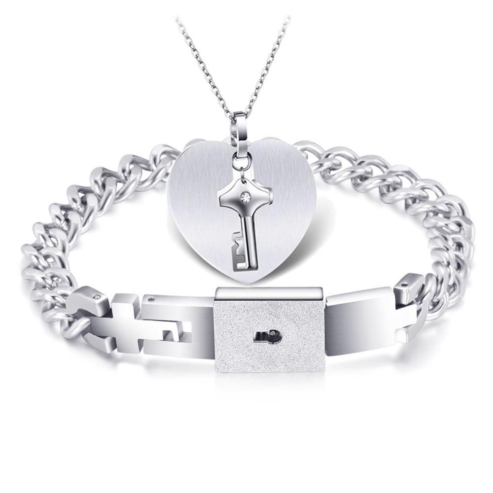 Heart & Key Couples Bracelet and Necklace Set - Cloud Design