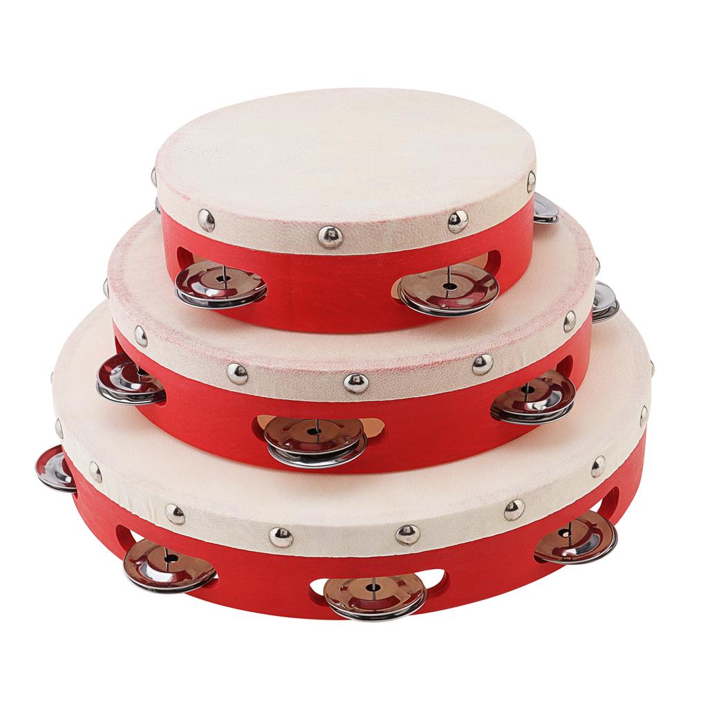 6 / 8 / 10 Inch Sheepskin Drumhead Wood Tambourine For Church Party KTV Wedding, Single Row Jingle Bells Red Hand Drum